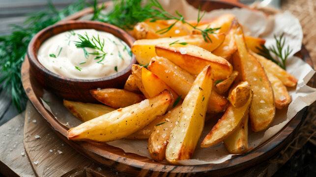 Fried potatoes with savory sauce and creamy mayonnaise, rustic style