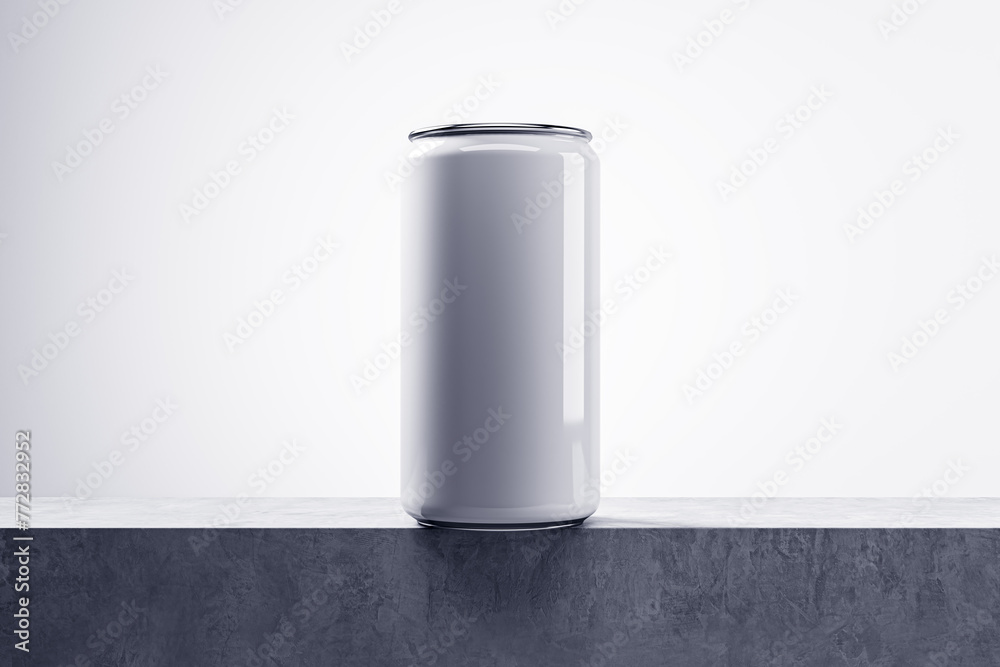 Poster Empty white drink can on light background with mock up place. Beverage and food ad concept. 3D Rendering.
