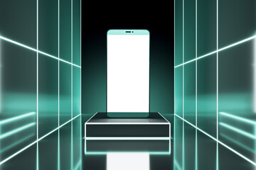 neon interior with mock up place for your advertisement. 3D Rendering.futuristic neon interior with stairs pedestal and empty mock up screen smartphone for your advertisement. 3D Rendering.