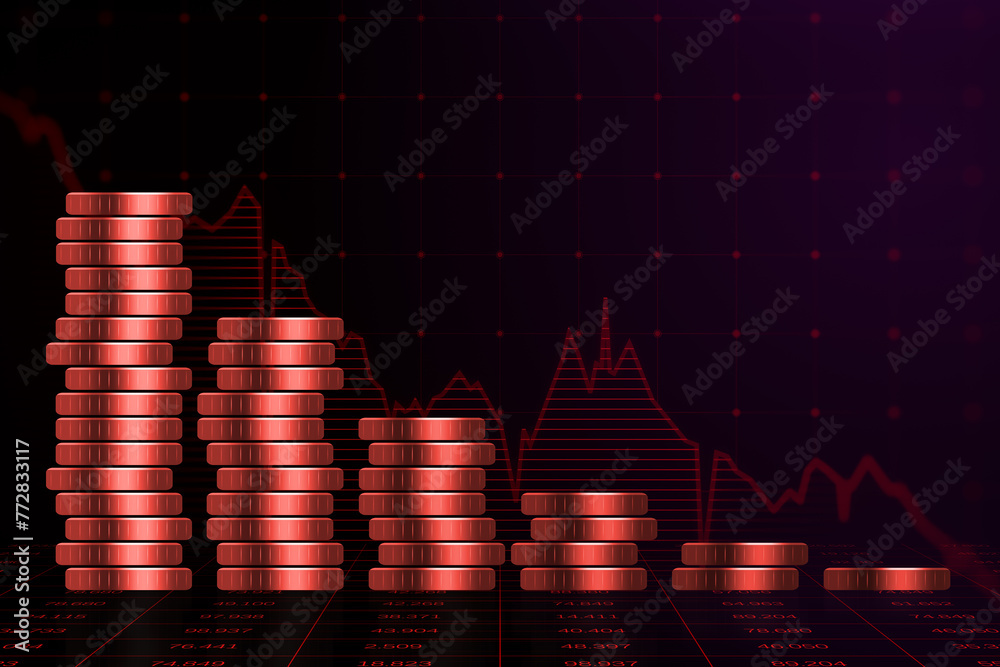 Poster stacks of coins and falling graph chart depicting a financial crisis, on a dark red background, conc