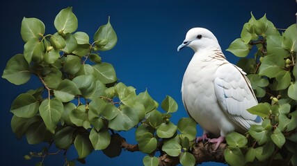 On a blue background, a white dove perches on a branch covered in green leaves.
