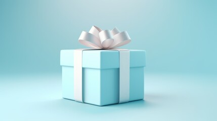 Blue gift box with white ribbon and bow on blue background
