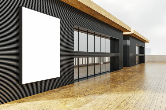 Modern building exterior with empty advertising mockup on a textured wall. Marketing concept. 3D Rendering