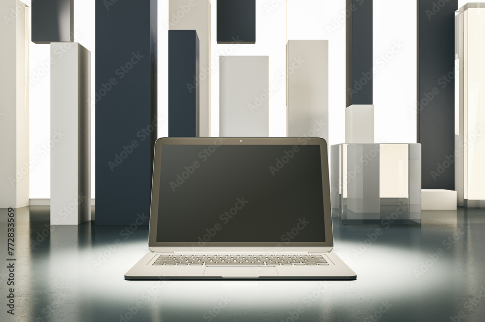 Poster a laptop on a reflective surface with geometric shapes in the background, modern minimalist style, o