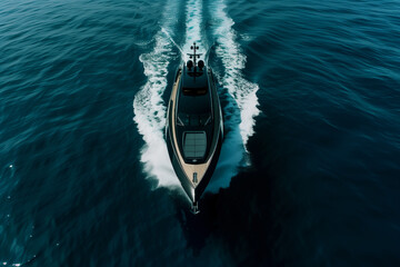 aerial photo of a sleek black yacht cruising the ocean, wake trailing behind