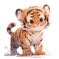 Raamstickers A cute little tiger cub is standing in a grassy field. The tiger has a big, curious look on its face and is looking up at the camera. The scene is peaceful and serene © Wonderful Studio