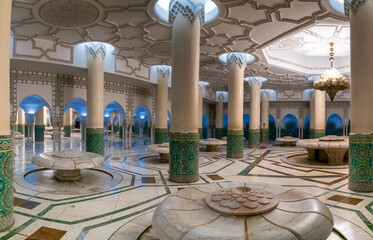 marble-carved lotus flower spring fountains in the underground bathhouse of the Hassan II Mosque in Casablanca