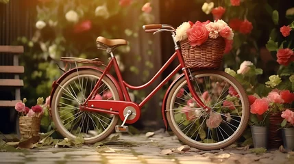Gartenposter Bicycle in the park with flowers in the basket.  © Saba