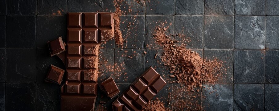 Assorted dark chocolate bars and cocoa powder on dark stone background