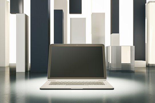 A laptop on a reflective surface with geometric shapes in the background, modern minimalist style, on a light background, concept of technology and design. 3D Rendering