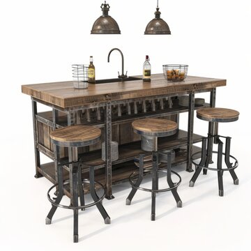 3D Render of a industrial chic kitchen island with metal bar stools and reclaimed wood accents, on isolated white background, Generative AI