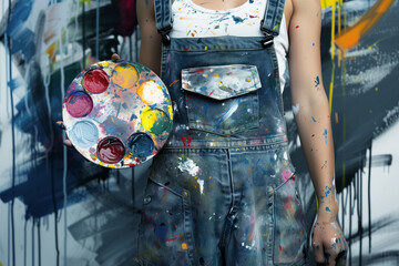 person in overalls splattered with paint holding a color palette - obrazy, fototapety, plakaty