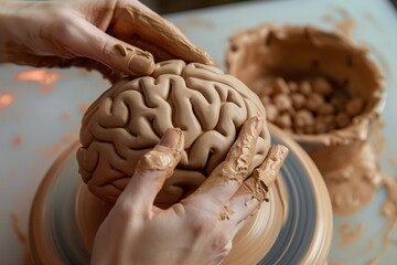 hands sculpting a clay brain on a pottery wheel