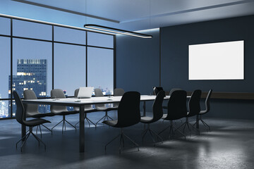 Modern boardroom at night with chairs, a conference table, and a blank screen, on a cityscape background, concept of a business meeting place. 3D Rendering
