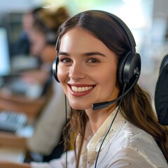 smiling call center operator wearing headset in front of computer