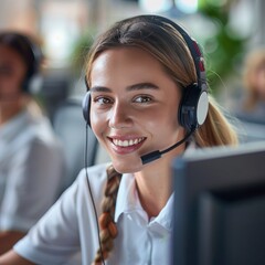 smiling call center operator wearing headset in front of computer