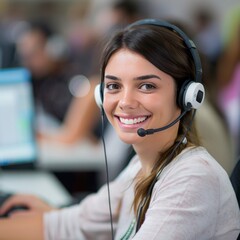 smiling call center operator wearing headset in front of computer