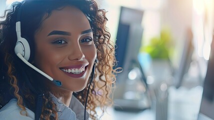 smiling call center operator wearing headset in front of computer