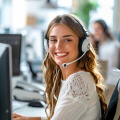 smiling call center operator wearing headset in front of computer