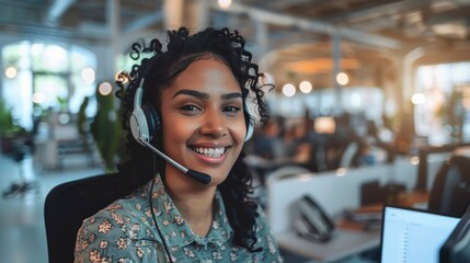 smiling call center operator wearing headset in front of computer
