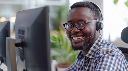 smiling call center operator wearing headset in front of computer
