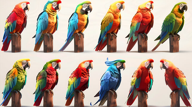Set of Scarlet macaw parrots, generative Ai