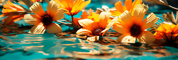 Orange flowers floating on a reflective turquoise water surface, giving off a serene summertime vibe. - 772834554