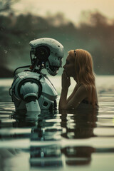 Close view of woman with robot in the lake, rain drops on them, - 772834589