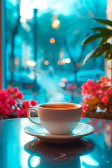 Steaming coffee cup on table with warm, bokeh light background. - 772834703