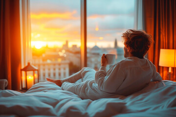 Young man in a white robe enjoys the city sunrise from a hotel bed, adding warmth and peace to the morning ambiance.
