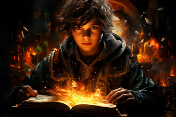  teeneger reading fantasy book , and imaginatemagic word go out from pages
