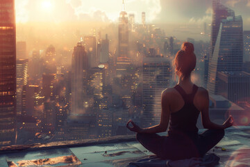 Woman meditating on a rooftop with modern cityscape with skyscraper. Urban yoga - obrazy, fototapety, plakaty