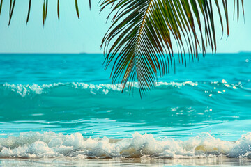 Abstract palm leaf against the tropical beach with white sand and turquoise water - 772834750