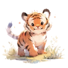 Foto auf Leinwand A cute little tiger cub is standing in a grassy field. The tiger is looking up at the camera with a smile on its face. The scene is peaceful and serene © Wonderful Studio