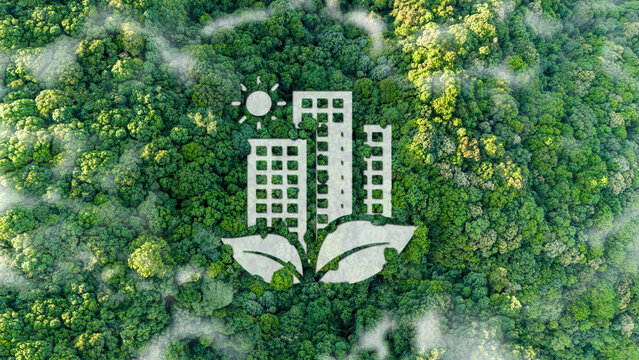 sustainable green building environmentally friendly buildings Future green business idea Environmental sustainability goals in 2050. White building shape amidst pristine nature.