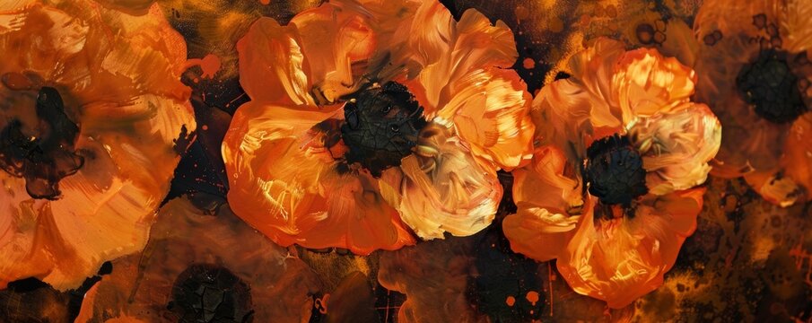 Abstract floral painting with bright orange poppies