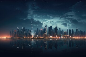Fototapeta premium Skyscrapers illuminated by countless lights, Stunning night view of night City's skyline, and the iconic Building standing tall Photography, Ai generated