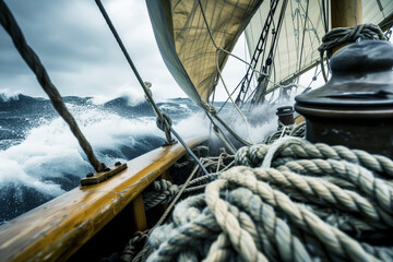 ropes and sails flapping wildly in strong winds