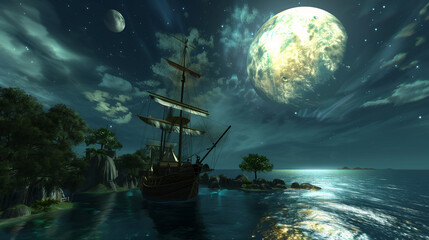 Vintage Ship Anchored at Night under a Giant Moon in a Surreal Landscape - obrazy, fototapety, plakaty
