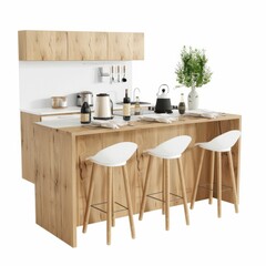 3D Render of a Scandinavian-inspired kitchen island with white bar stools and natural wood finishes, on isolated white background, Generative AI