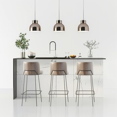 Fototapeta na wymiar 3D Render of a sleek and modern kitchen island with minimalist bar stools, on isolated white background, Generative AI