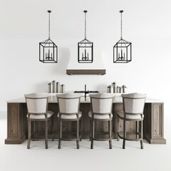 Fototapeta premium 3D Render of a transitional farmhouse kitchen island with upholstered bar stools and pendant lighting, on isolated white background, Generative AI