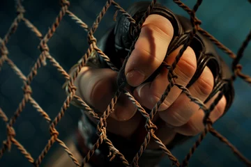 Afwasbaar fotobehang closeup of a fighters hand gripping cage mesh © Natalia