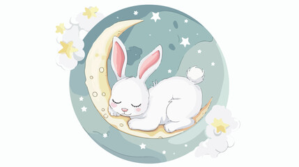 Cartoon baby rabbit sleeping on the moon Flat vector