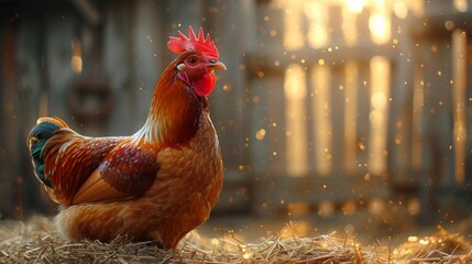 Rooster on a farm with a golden hour backdrop