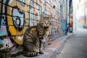 cat with a piercing sitting by a graffiti wall