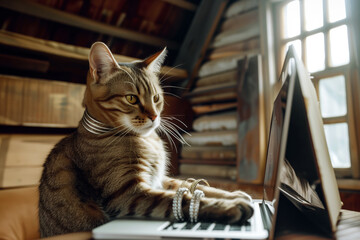 cat with cuff bracelets typing on a laptop in a loft