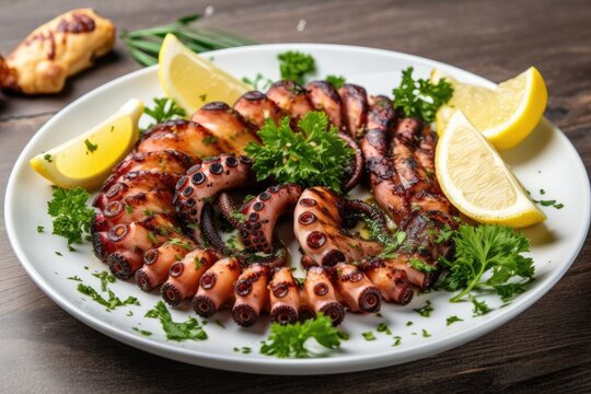 Grilled octopus with lemon and parsley on a white plate , food concept,Appetizing dish with grilled octopus and lemon, Ai generated