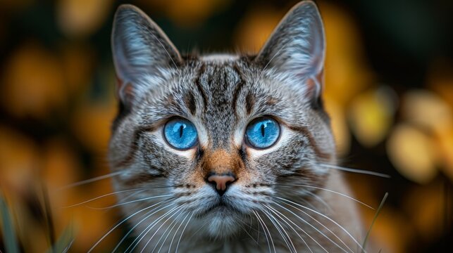 Close-up of a tabby cat with striking blue eyes