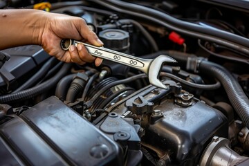 mechanic hand holding a wrench over an engine - obrazy, fototapety, plakaty
